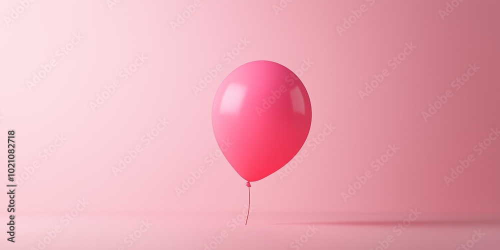 A single pink balloon floats in the center of a vast pink space, embodying simplicity and joyful tranquility.