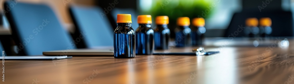 A row of small blue bottles with orange caps on a wooden table in a modern office setting, suggesting a professional or pharmaceutical context. A row of small blue bottles with orange caps on a wooden table in a modern office setting, suggesting a professional or pharmaceutical context.