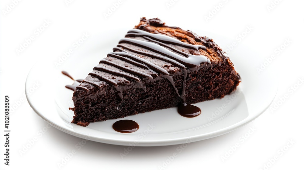 A slice of decadent chocolate cake with a drizzle of syrup, placed on a white plate against a white background. Popular dessert for any celebration. A slice of decadent chocolate cake with a drizzle of syrup, placed on a white plate against a white background. Popular dessert for any celebration.