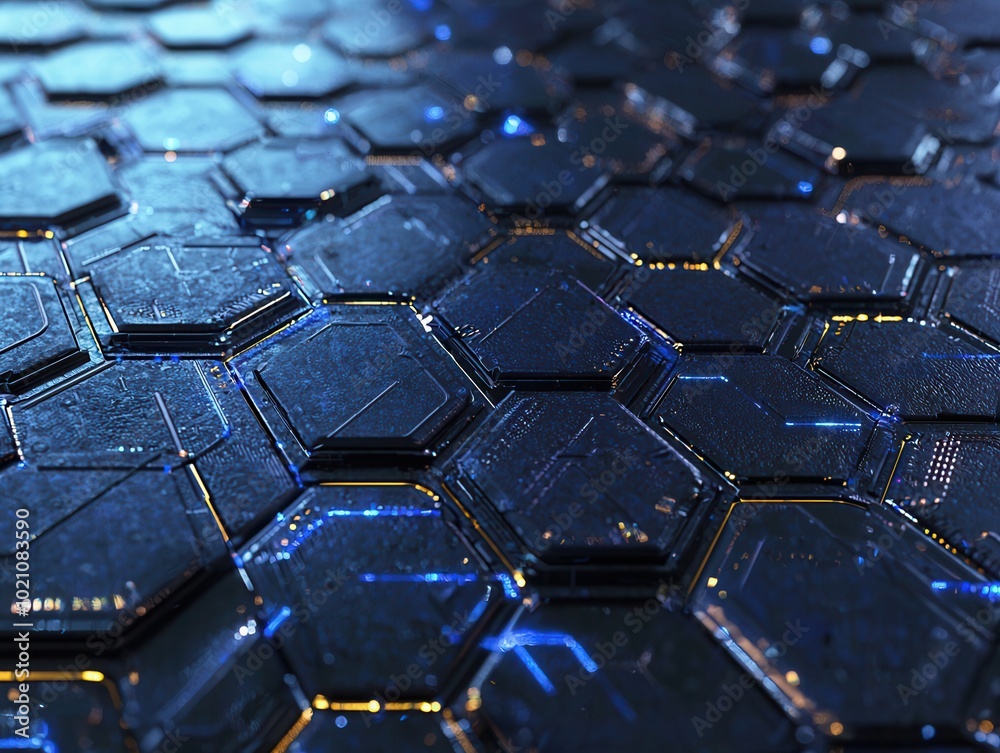 Obraz premium Futuristische digitale Textur Hexagon Metallisch Blau Hightech Design Schaltkreis Muster Technologie Hintergrund Moderne 3D Struktur Sci-Fi Optik Cyber Ästhetik Geometrisch Innovation Minimalistischer