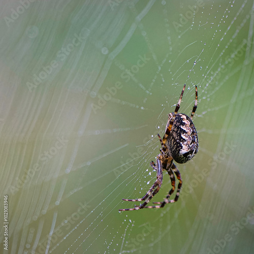 Spinnennetz mit Kreuzspinne von der Seite photo