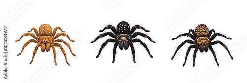 Three tarantulas with distinct colors on a white isolated background.