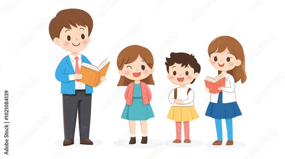Illustration of a teacher with three students reading, white isolate background Illustration of a teacher with three students reading, white isolate background