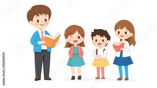 Illustration of a teacher with three students reading, white isolate background