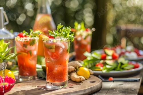 A festive Caesar cocktail party with various garnishes on a sunny patio