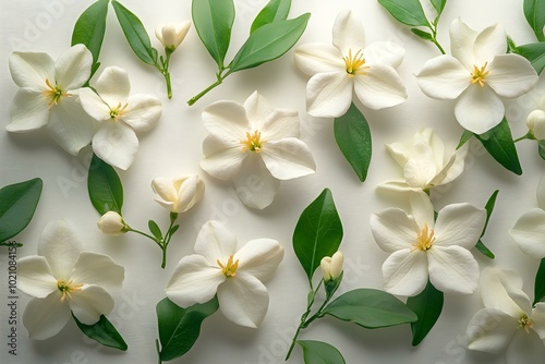 White Flowers and Green Leaves in a Harmonious Cluster