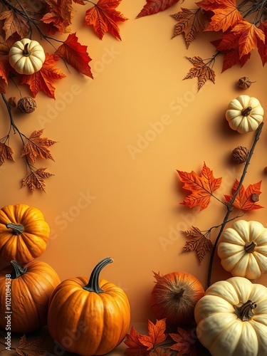 Autumn  halloween backdrop with decoration and pumpkins on beige background festive card flyer invitation concept seasonal celebration copy space banner halloween backdrop photo