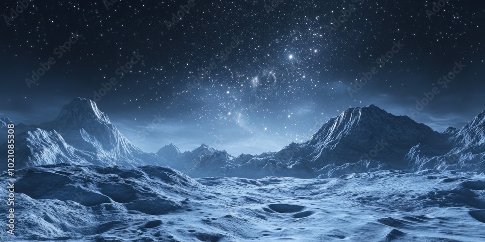 Majestic night sky over a serene, icy mountain landscape under a blanket of stars. Majestic night sky over a serene, icy mountain landscape under a blanket of stars.