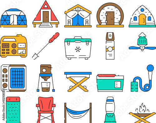 glamping tent nature luxury tipi icons set vector. forest africa, barbecue glamour, camp, campfire bubble, chair beach, vacation glamping tent nature luxury tipi color Contour Illustrations