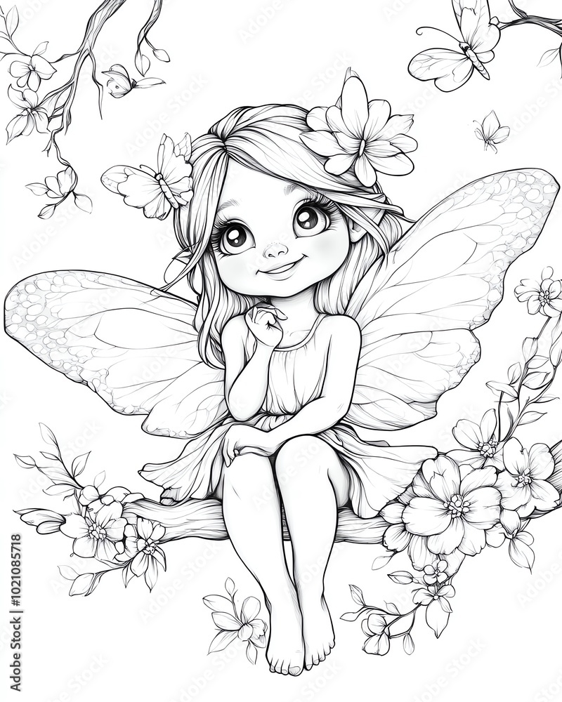 Cute fairy illustration sitting on a branch with flowers and butterflies. Cute fairy illustration sitting on a branch with flowers and butterflies.