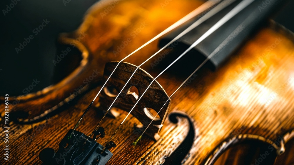 Close-up of a violin showcasing its strings and wooden texture. Close-up of a violin showcasing its strings and wooden texture.