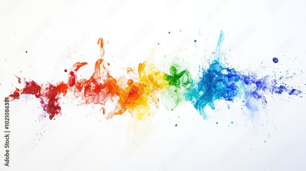 Colorful rainbow paint explosion, with splashes of red, orange, yellow, green, blue, and purple, spreading across a white background. Expressing unity and pride. Colorful rainbow paint explosion, with splashes of red, orange, yellow, green, blue, and purple, spreading across a white background. Expressing unity and pride.