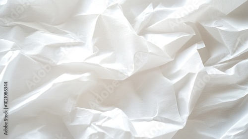 Close-up of tissue paper texture, slightly crumpled, against a bright white background. Focusing on softness and absorbency for hygiene purposes.