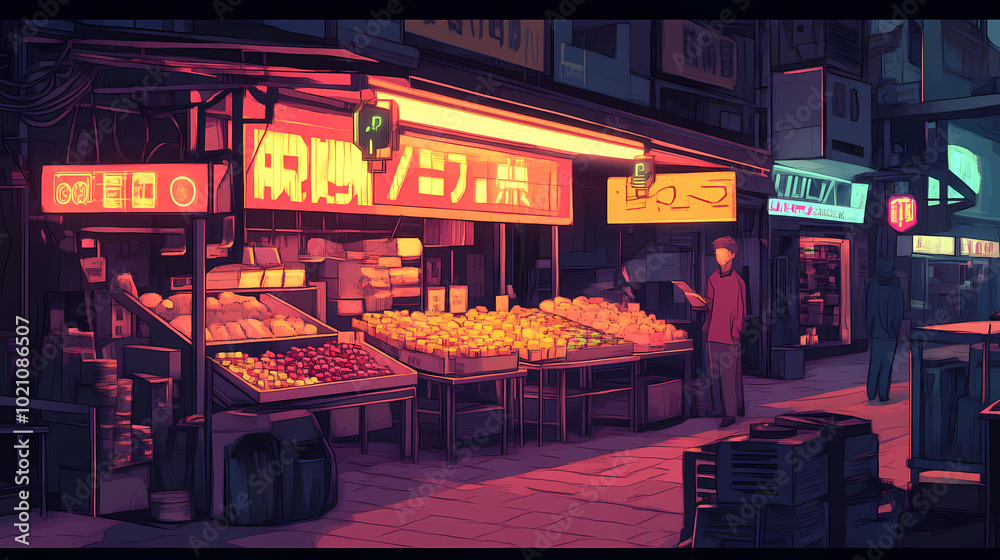 A cyberpunk street market with neon signs. Cyberpunk Marketplace. Illustration A cyberpunk street market with neon signs. Cyberpunk Marketplace. Illustration