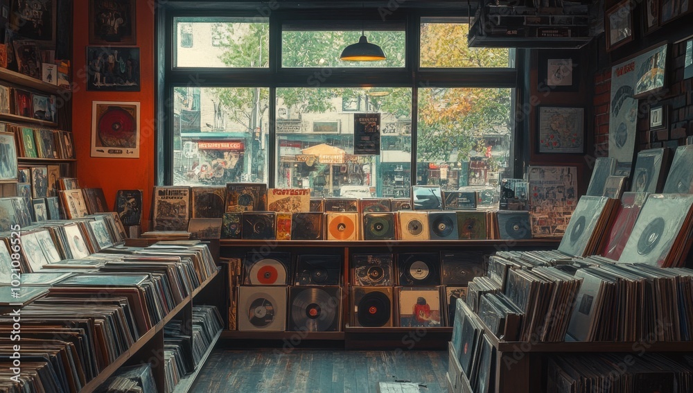 Cozy Old Record Store with Warm Lighting and Vintage Decor, Vinyl Records Stacked on Shelves, Nostalgic Atmosphere and Retro Vibes Cozy Old Record Store with Warm Lighting and Vintage Decor, Vinyl Records Stacked on Shelves, Nostalgic Atmosphere and Retro Vibes