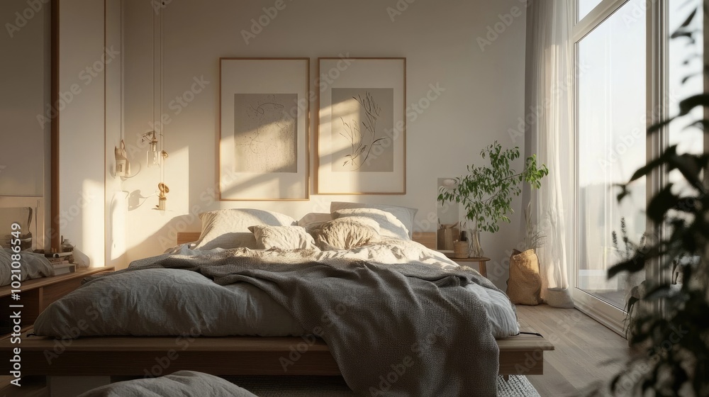 Fototapeta premium Cozy Scandinavian-style bed with light wood, soft gray blankets, and natural accents, placed in a minimalist bedroom. Perfect for a serene and peaceful look.