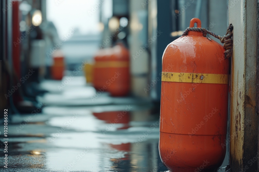 Fire extinguisher outside building, often used in emergency response situations Fire extinguisher outside building, often used in emergency response situations