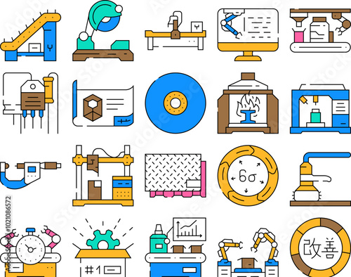 manufacturing factory production icons set vector. machine engineer, robot plant, construction technology, business work, machinery manufacturing factory production color Contour Illustrations