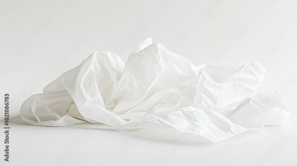 Crumpled tissue paper in soft white, placed on a pristine white surface. Symbolizing cleanliness and everyday convenience. Crumpled tissue paper in soft white, placed on a pristine white surface. Symbolizing cleanliness and everyday convenience.
