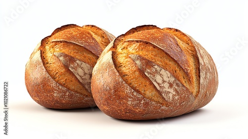 Freshly baked rustic bread loaves, golden crust, white isolated background.