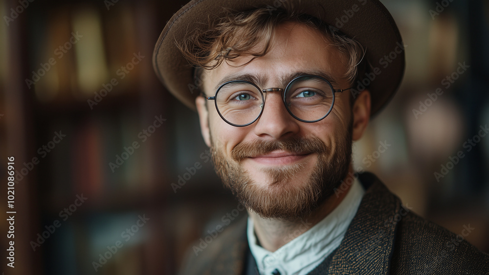 Caucasian Man Historian - smiling man, hipster, glasses, beard, portrait, stylish, happy, male, brown hair, indoor, casual, vintage, natural light, trendy outfit Caucasian Man Historian - smiling man, hipster, glasses, beard, portrait, stylish, happy, male, brown hair, indoor, casual, vintage, natural light, trendy outfit
