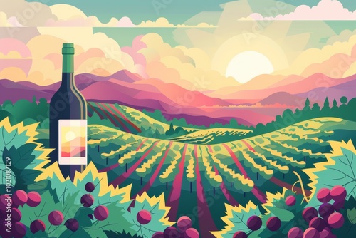 Vibrant vineyard sunset with wine bottle and grapes illustration