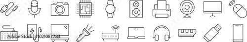Microphone, USB Cable, Camera, Chip etc Simple Icon Collection. Editable Stroke. Perfect for Infographics, Articles, Books, Flyers, Banners