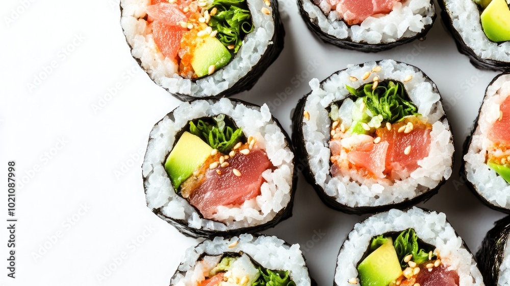 Fresh sushi rolls with vibrant ingredients like avocado, tuna, and rice, placed on a white background. Highlighting healthy and trendy cuisine. Fresh sushi rolls with vibrant ingredients like avocado, tuna, and rice, placed on a white background. Highlighting healthy and trendy cuisine.