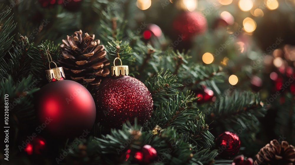 Fototapeta premium Red Christmas ornaments and pinecones on festive greenery
