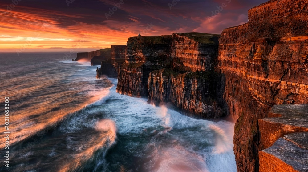 Fototapeta premium Dramatic coastal cliffs at sunset with crashing waves and colorful sky.
