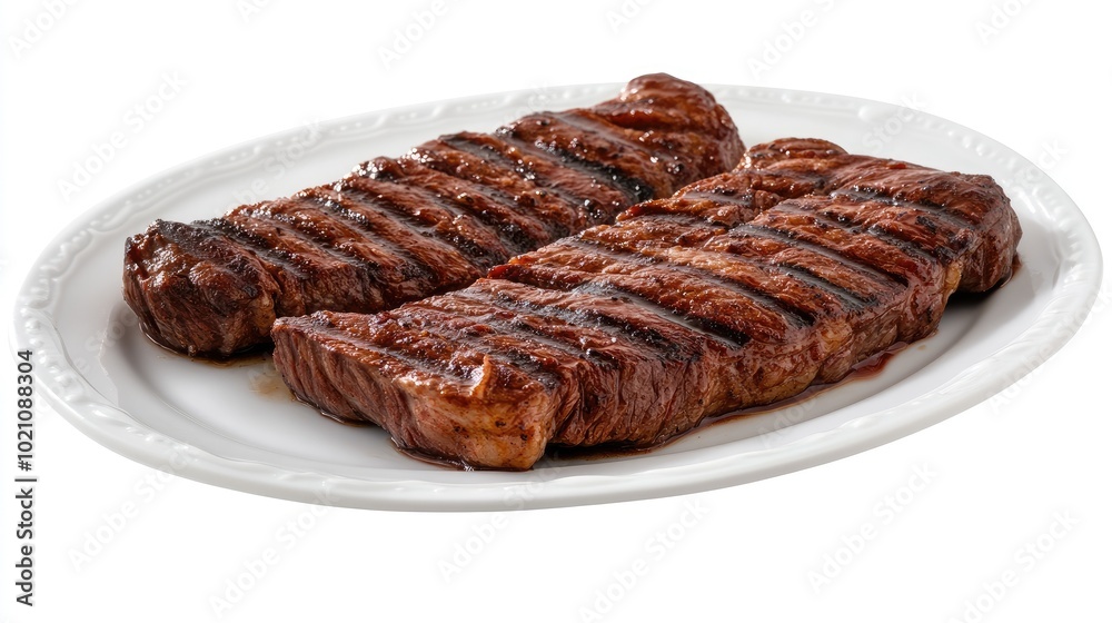 Grilled churrasco steak with perfectly seared grill marks, served on a clean white plate, isolated on a white background. Showcasing classic Brazilian barbecue. Grilled churrasco steak with perfectly seared grill marks, served on a clean white plate, isolated on a white background. Showcasing classic Brazilian barbecue.