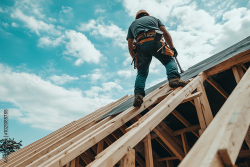 Roofer Carpenter Working on Roof Structure at Construction Site Residential Roofing Building Process