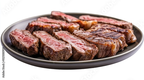 Juicy slices of grilled churrasco steak arranged neatly on a plate, isolated on a clean white background. Perfect for showcasing traditional barbecue cuisine.