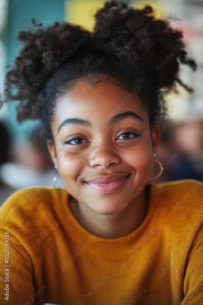 Fototapeta premium A young girl wearing a yellow sweater sits at a table, possibly studying or working