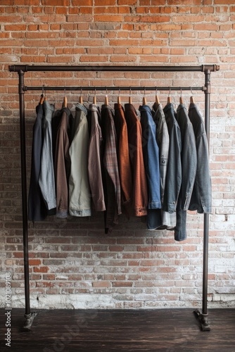 Wallpaper Mural A rack of jackets hanging on a brick wall, perfect for fashion or outdoor settings Torontodigital.ca