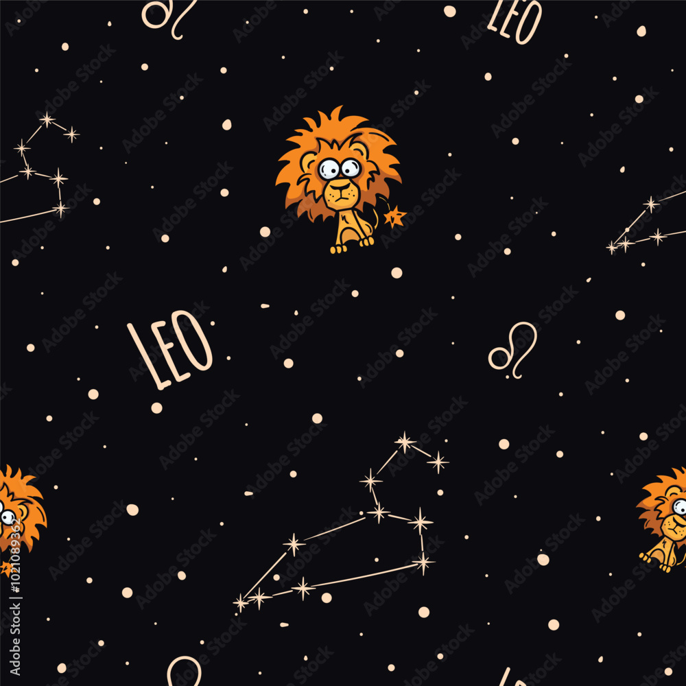 Vector seamless pattern with the zodiac sign Leo. Astrological theme. Background with starry sky and constellation for wrapping paper, gift, decoration Vector seamless pattern with the zodiac sign Leo. Astrological theme. Background with starry sky and constellation for wrapping paper, gift, decoration