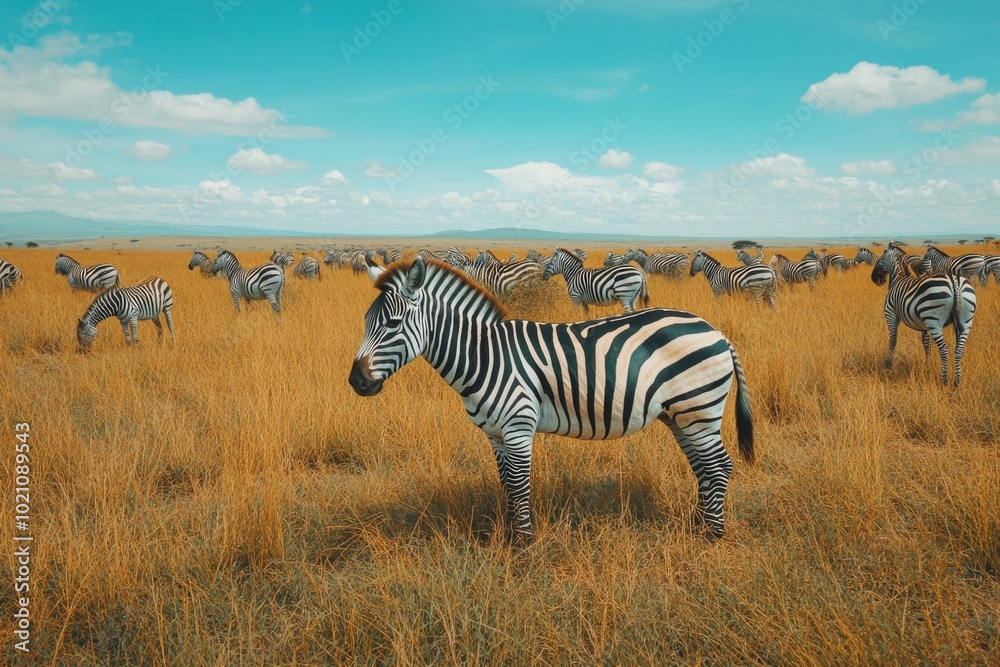 Naklejka premium A group of zebras standing in a dry grass field, with a sunny sky background