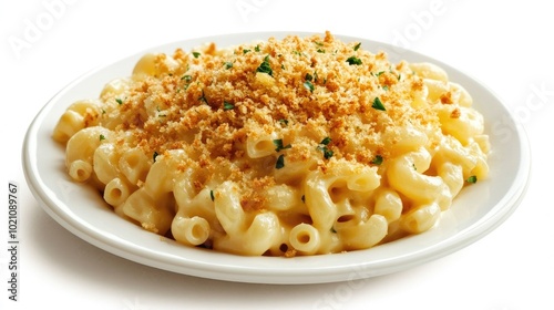 Plate of classic macaroni and cheese with a golden breadcrumb topping, sitting against a white background. Ultimate comfort food.