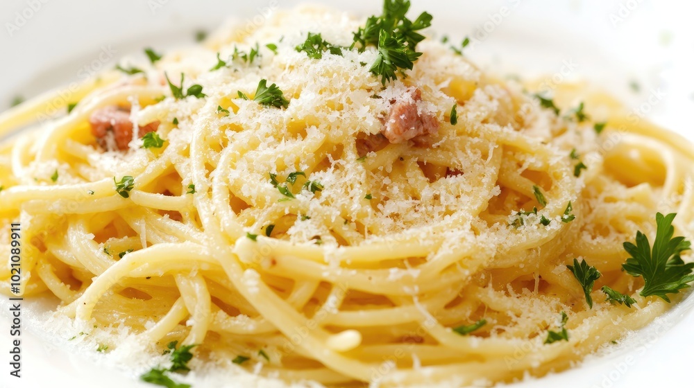 Plate of creamy spaghetti carbonara with Parmesan cheese and parsley garnish, set on a clean white background. Italian cuisine at its finest. Plate of creamy spaghetti carbonara with Parmesan cheese and parsley garnish, set on a clean white background. Italian cuisine at its finest.