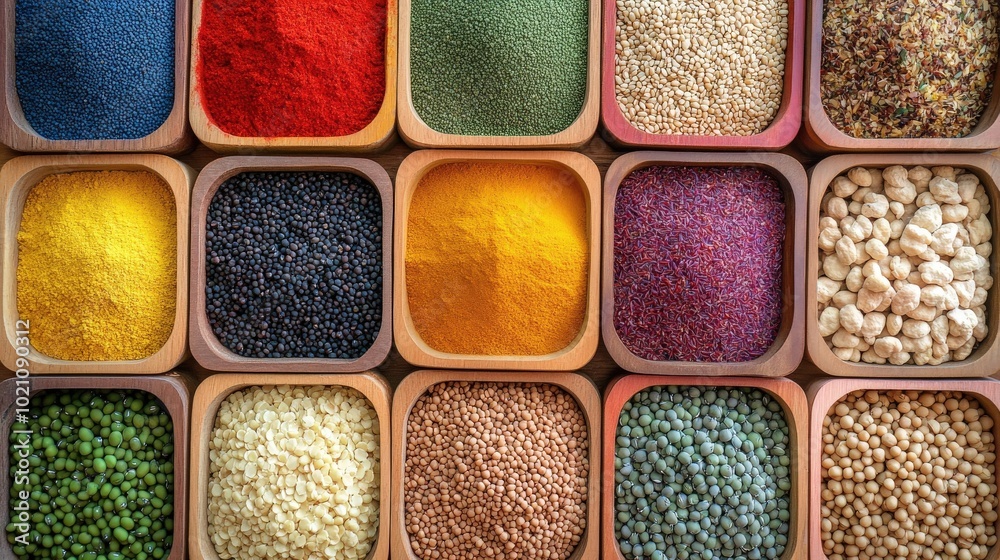 Vibrant array of colorful spices and seeds in square wooden bowls. Vibrant array of colorful spices and seeds in square wooden bowls.