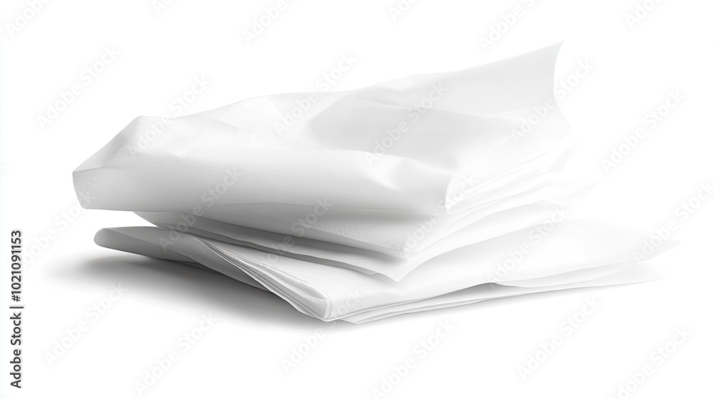 Soft white tissue paper elegantly folded and stacked, isolated on a clean white background. Perfect for hygiene and household concepts. Soft white tissue paper elegantly folded and stacked, isolated on a clean white background. Perfect for hygiene and household concepts.