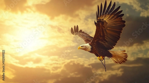 Bald Eagle Soaring Through Golden Clouds with Chain