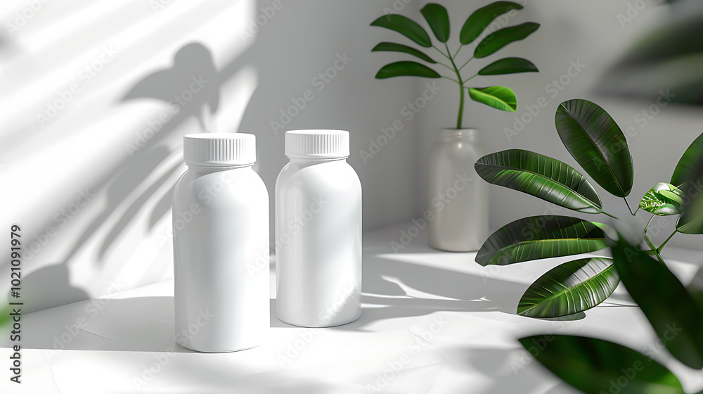 Two white bottles on a white surface with green plants in the background and soft sunlight.