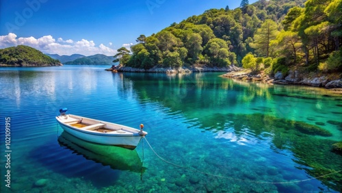 A solitary white boat rests serenely in a tranquil cove, surrounded by lush greenery and the crystal-clear waters of a serene lagoon.