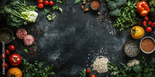 Colorful vegetables and grains elegantly arranged on a dark slate background. photo