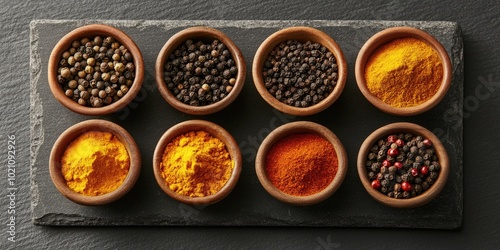 Assorted spices in clay bowls on a dark slate background.