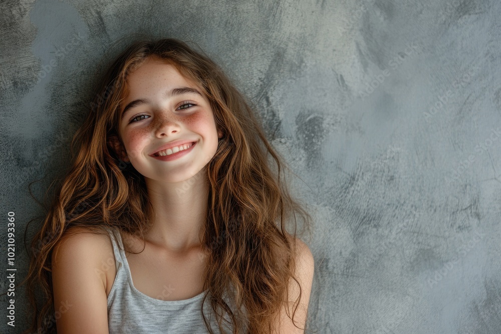 A young girl with long brown hair smiles happily, with no context or surroundings mentioned A young girl with long brown hair smiles happily, with no context or surroundings mentioned