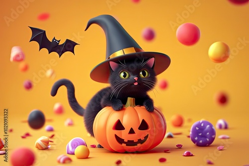 Halloween pumpkin, witch hat, cute black cat, sweet candy, flying bat. 3d vector render poster elements. Vampire magician party invite sticker. Happy scary character for fall gift. wit generative ai