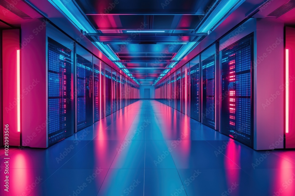 Fototapeta premium A long hallway filled with rows of servers and computer equipment, great for use in tech-related projects or presentations