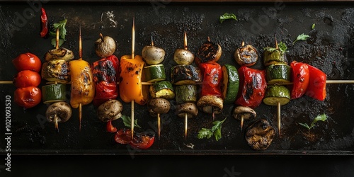 Colorful grilled vegetable skewers with peppers, zucchini, and mushrooms on a dark background.